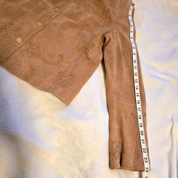 Vintage The Territory Ahead Suede Leather Jacket Floral Applique Tan Size Large - Picture 9 of 16